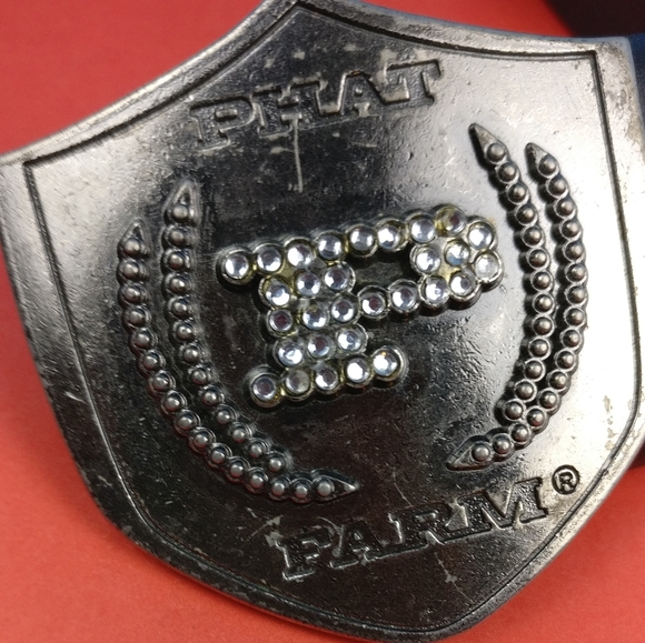 Vtg Y2K Phat Farm Leather belt Big buckle Bling bling Hip Logo - Picture 4 of 6